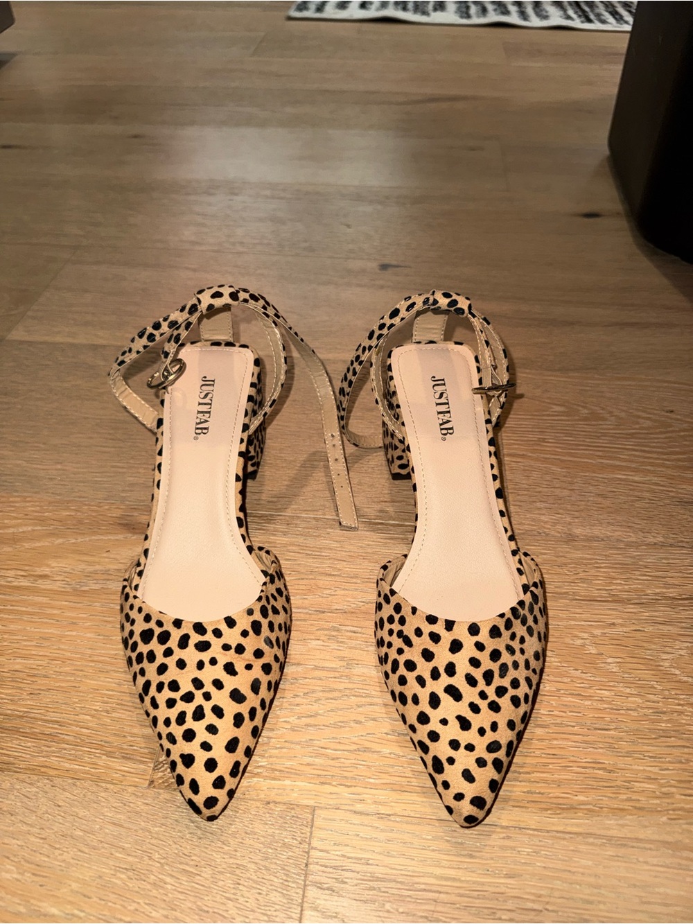 JustFab Leopard Spot Pointed Toe Ankle Strap Heels - Beige & Black